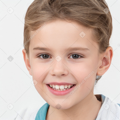 Joyful white child female with short  brown hair and brown eyes