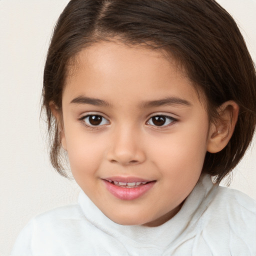 Joyful white child female with medium  brown hair and brown eyes