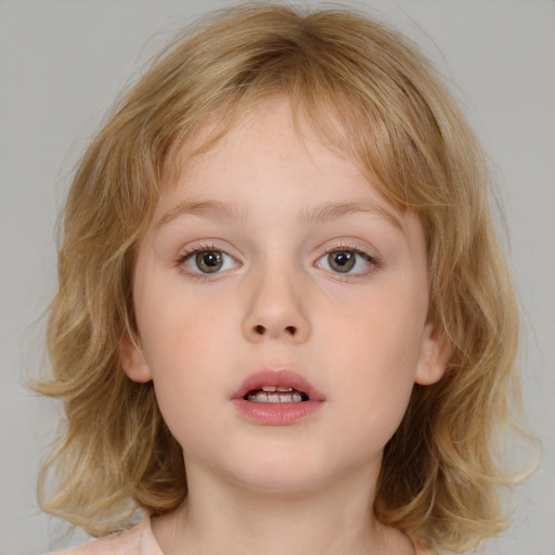 Neutral white child female with medium  brown hair and blue eyes