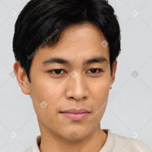 Neutral asian young-adult male with short  brown hair and brown eyes