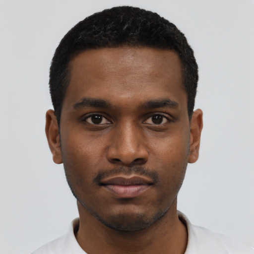 Neutral black young-adult male with short  black hair and brown eyes