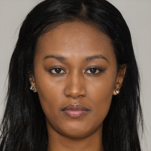 Neutral asian young-adult female with long  black hair and brown eyes