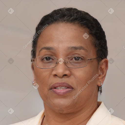 Joyful latino adult female with short  brown hair and brown eyes