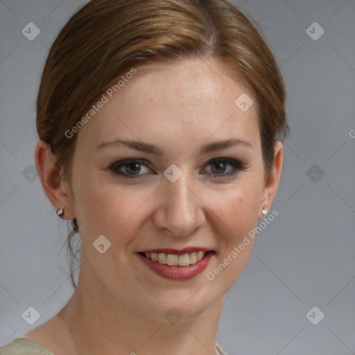 Joyful white young-adult female with medium  brown hair and grey eyes