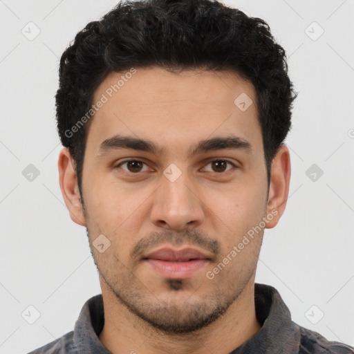 Neutral white young-adult male with short  black hair and brown eyes