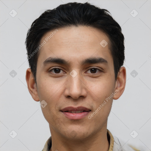 Joyful latino young-adult male with short  black hair and brown eyes