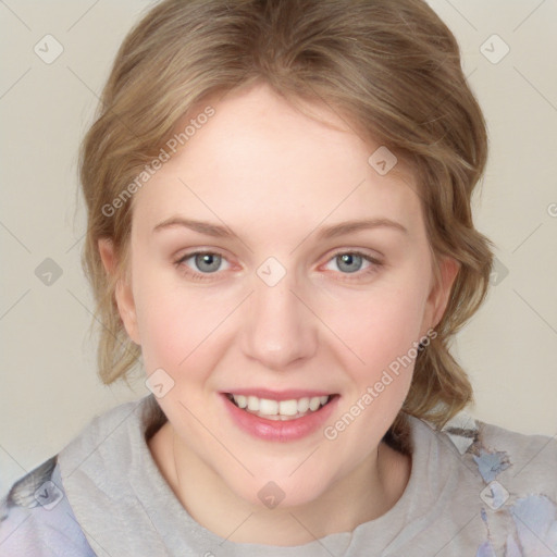 Joyful white young-adult female with medium  brown hair and blue eyes