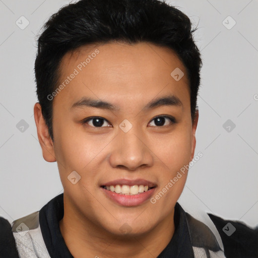 Joyful latino young-adult male with short  brown hair and brown eyes