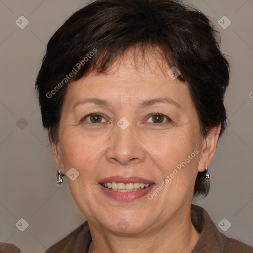 Joyful white adult female with medium  brown hair and brown eyes