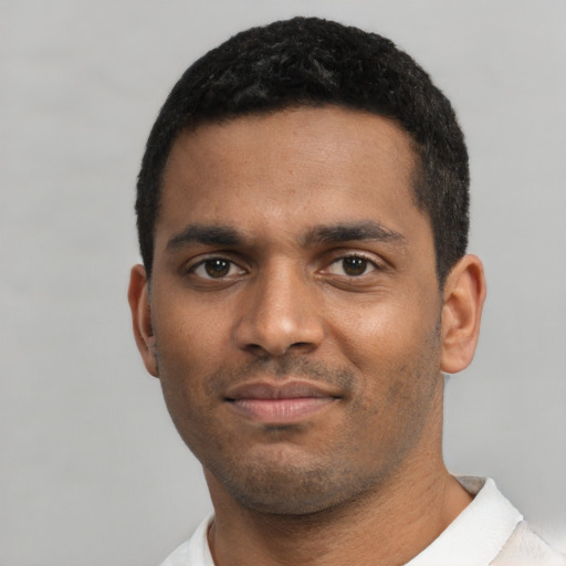 Neutral black young-adult male with short  black hair and brown eyes