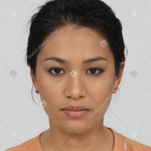 Neutral latino young-adult female with medium  brown hair and brown eyes