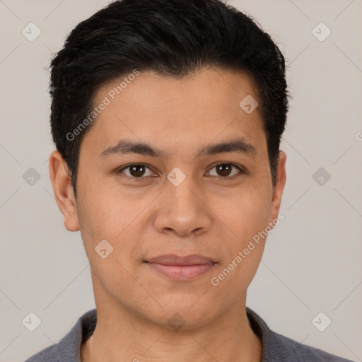 Joyful white young-adult male with short  black hair and brown eyes