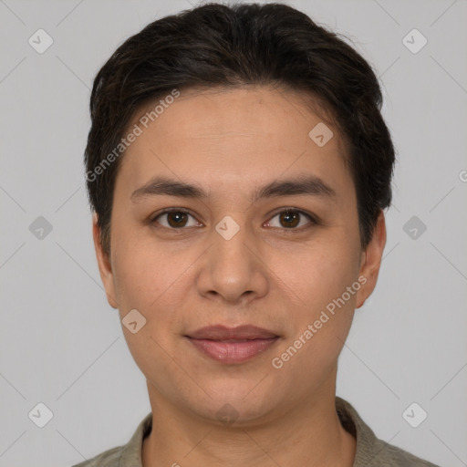 Joyful white young-adult female with short  brown hair and brown eyes