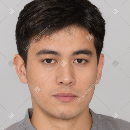 Neutral asian young-adult male with short  brown hair and brown eyes