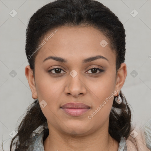 Joyful latino young-adult female with short  brown hair and brown eyes