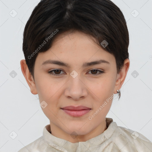 Joyful white young-adult female with short  brown hair and brown eyes