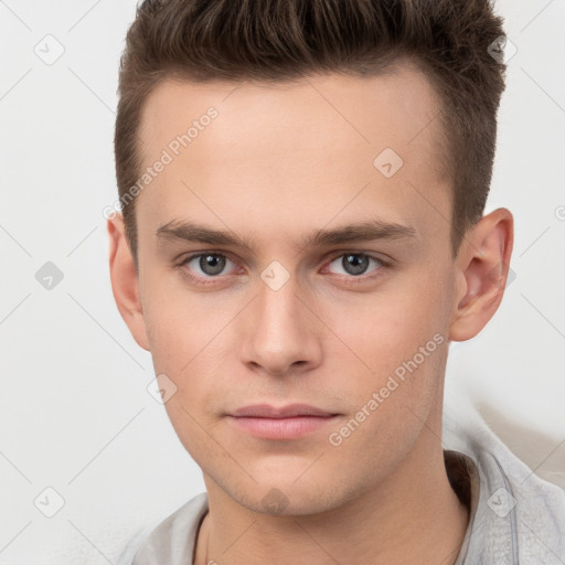 Neutral white young-adult male with short  brown hair and brown eyes