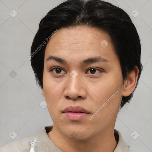 Neutral asian young-adult female with short  black hair and brown eyes