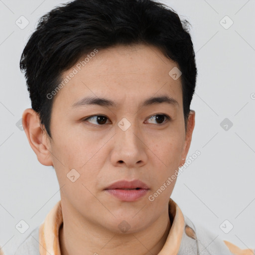 Neutral asian young-adult male with short  brown hair and brown eyes