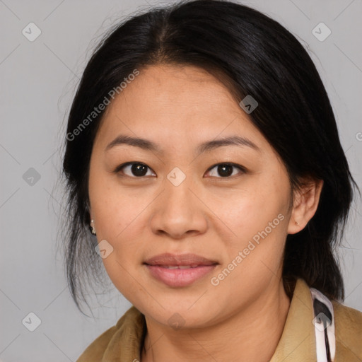 Joyful asian young-adult female with medium  brown hair and brown eyes