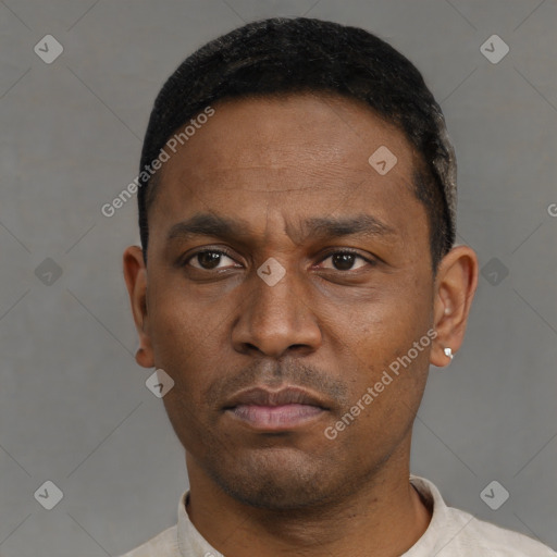 Neutral latino adult male with short  black hair and brown eyes
