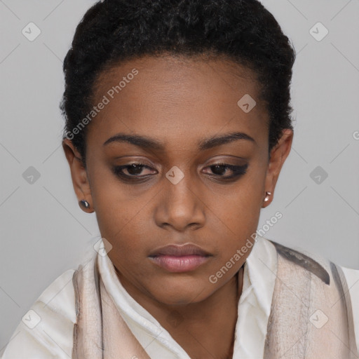 Neutral black young-adult female with short  brown hair and brown eyes