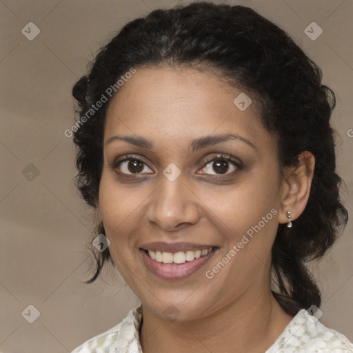 Joyful black young-adult female with medium  brown hair and brown eyes