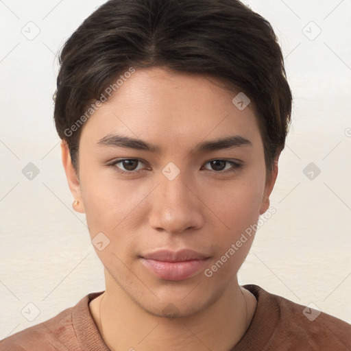 Neutral white young-adult female with short  brown hair and brown eyes