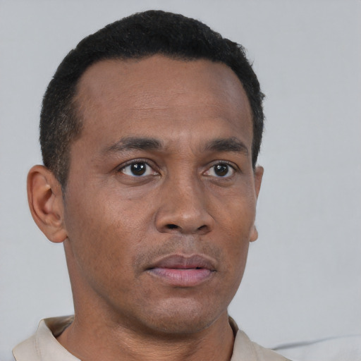Neutral black young-adult male with short  black hair and brown eyes