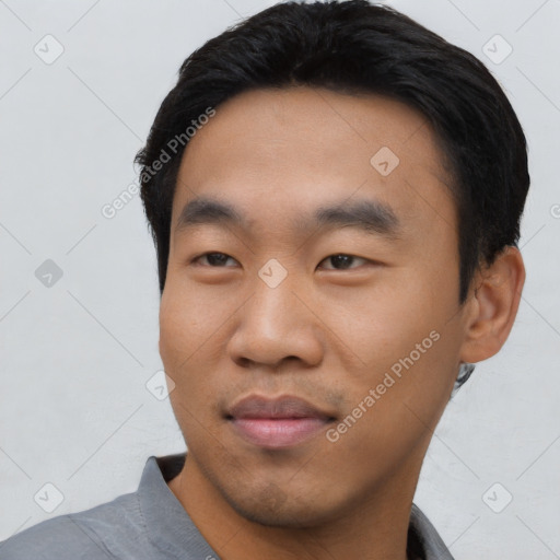 Neutral asian young-adult male with short  black hair and brown eyes