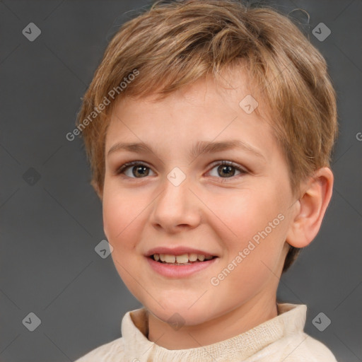 Joyful white child female with short  brown hair and brown eyes