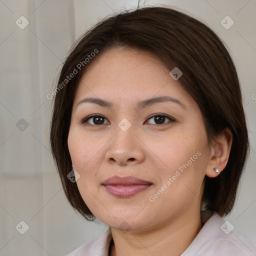 Joyful white young-adult female with medium  brown hair and brown eyes