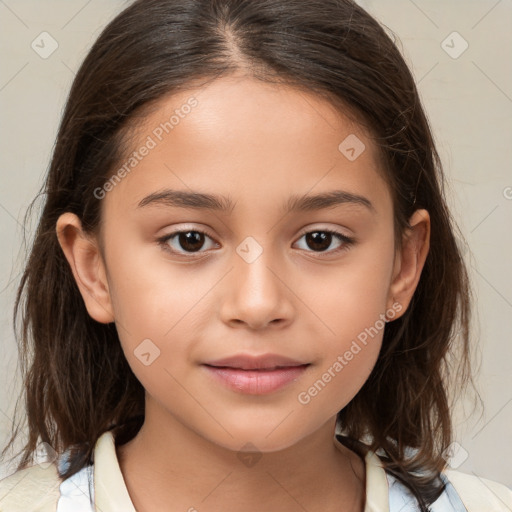 Joyful white child female with medium  brown hair and brown eyes