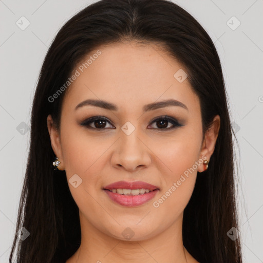 Joyful white young-adult female with long  brown hair and brown eyes