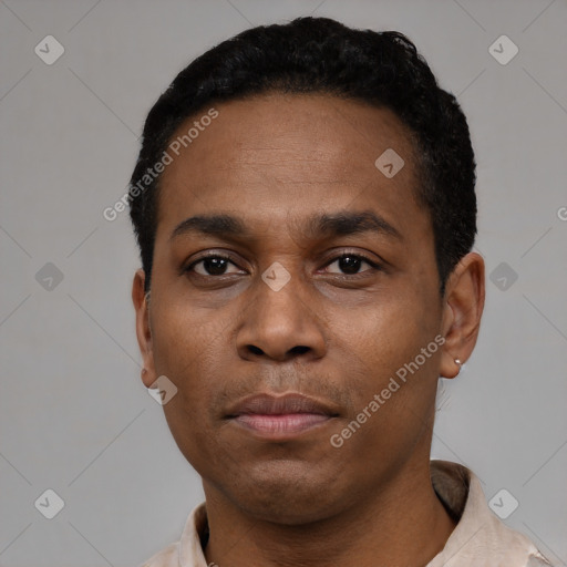 Neutral latino adult male with short  black hair and brown eyes