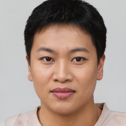 Joyful asian young-adult male with short  black hair and brown eyes