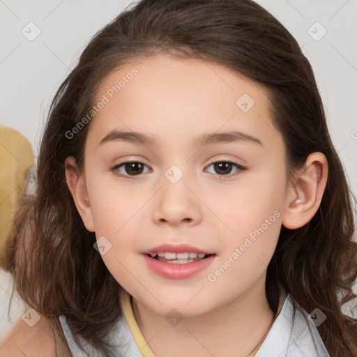 Joyful white child female with medium  brown hair and brown eyes