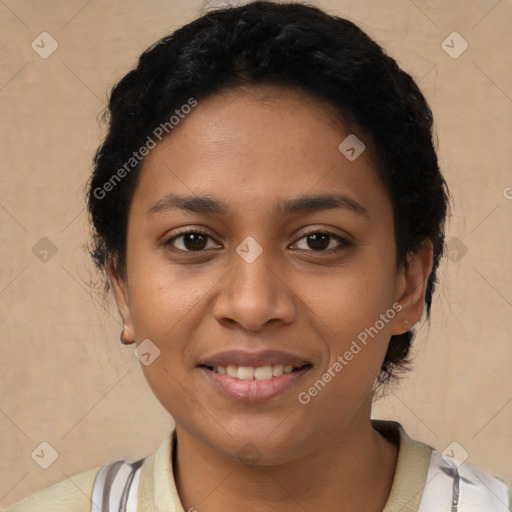 Joyful latino young-adult female with short  black hair and brown eyes