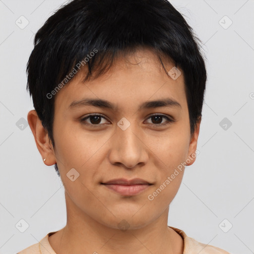 Joyful asian young-adult female with short  brown hair and brown eyes