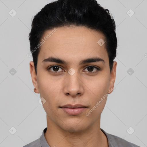 Neutral latino young-adult male with short  black hair and brown eyes