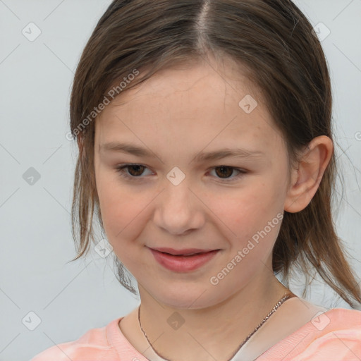 Joyful white child female with medium  brown hair and brown eyes