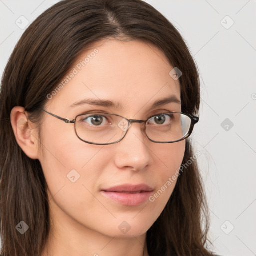 Neutral white young-adult female with long  brown hair and brown eyes