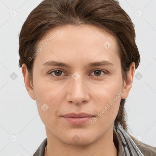 Neutral white young-adult female with short  brown hair and brown eyes