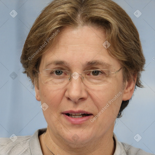 Joyful white middle-aged female with short  brown hair and brown eyes