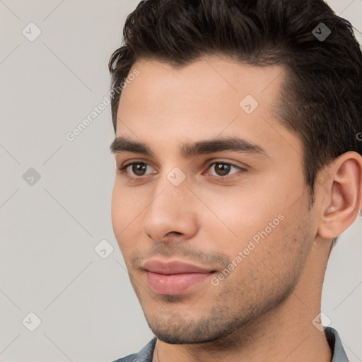 Neutral white young-adult male with short  brown hair and brown eyes