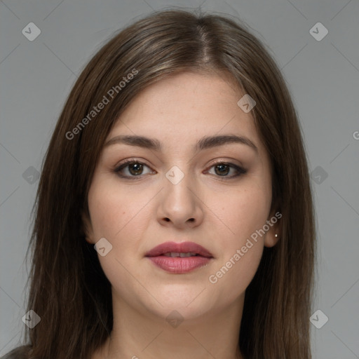 Neutral white young-adult female with long  brown hair and brown eyes