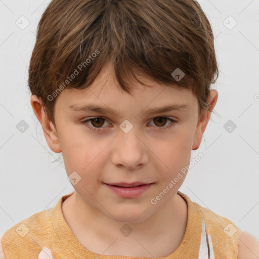 Joyful white child female with short  brown hair and brown eyes