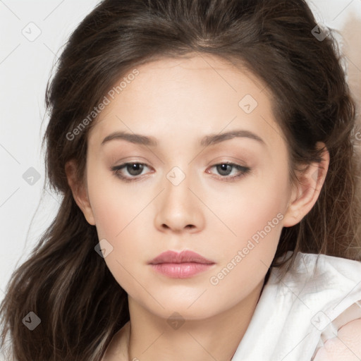 Neutral white young-adult female with medium  brown hair and brown eyes