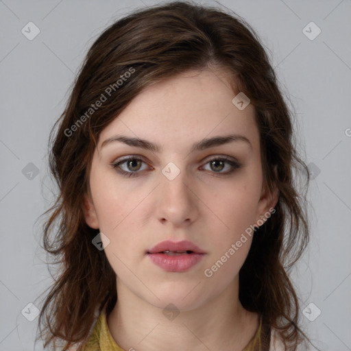 Neutral white young-adult female with medium  brown hair and brown eyes