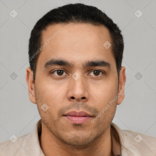 Neutral latino young-adult male with short  brown hair and brown eyes